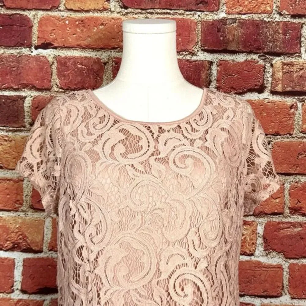 Adrianna Papell Women's Blush Pink Crochet Short Sleeve Top‎ Size Medium ECU